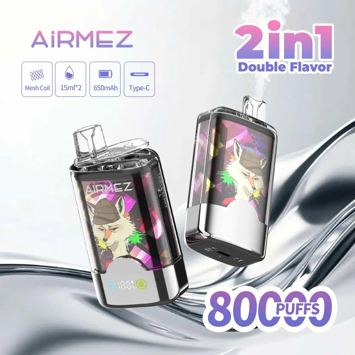 Airmez Fox 2-in-1 80,000 Puffs Disposable Vape | Dual Mesh & Smart LED | EU Stock - Image 2