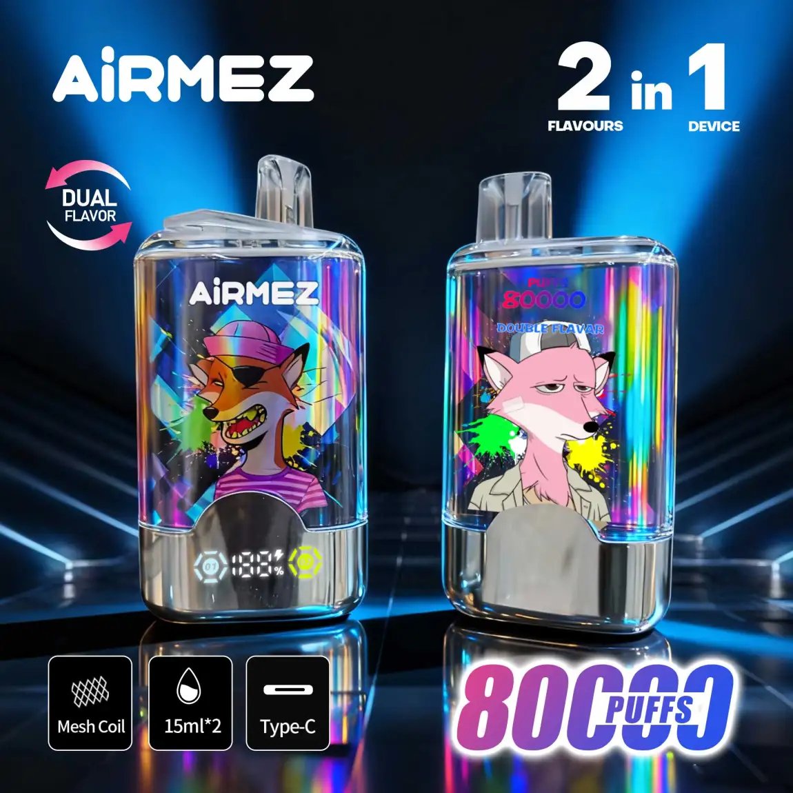 Airmez Fox 2-in-1 80,000 Puffs Disposable Vape | Dual Mesh & Smart LED | EU Stock